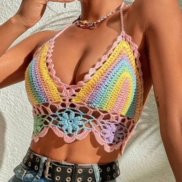MODA ME COUTURE Tops - Multi colored Tie Backless Halter Knit Top